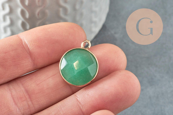 Pendentif rond aventurine verte laiton doré 20mm, aventurine Naturelle,pendentif pierre,x1 G1422