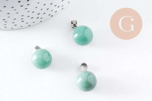 Pendentif rond aventurine verte naturelle acier inoxydable platine 17mm, x1 (G10069)