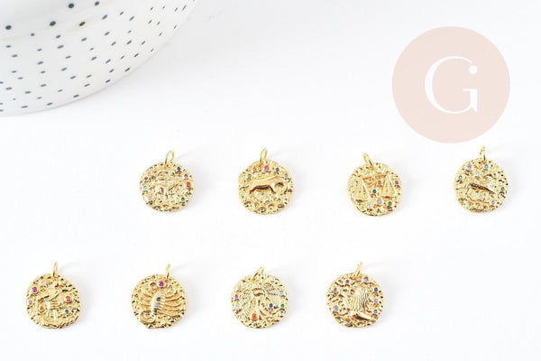 Pendentif rond constellation laiton doré zircons colorés 14-15mm, x1 (G5274)