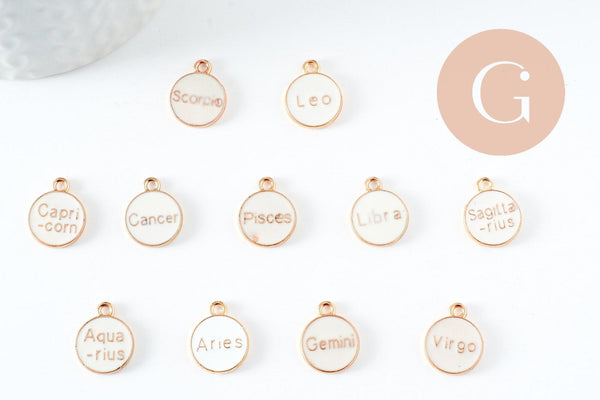 Pendentif rond constellation zamac doré zircon émail blanc 15mm, x1 (G3715)