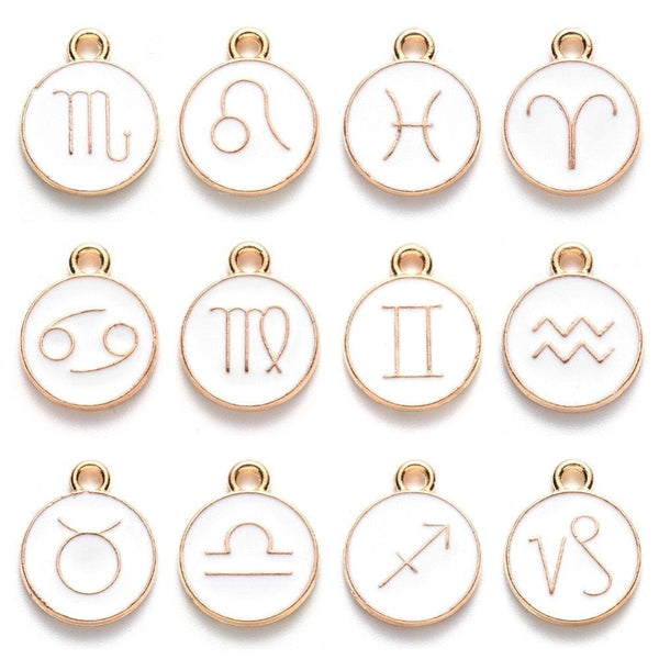 Pendentif rond constellation zamac doré zircon émail blanc 15mm, x1 (G3715)