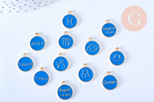 Pendentif rond constellation zamac doré zircon émail bleu 15mm, x1 (G6662)
