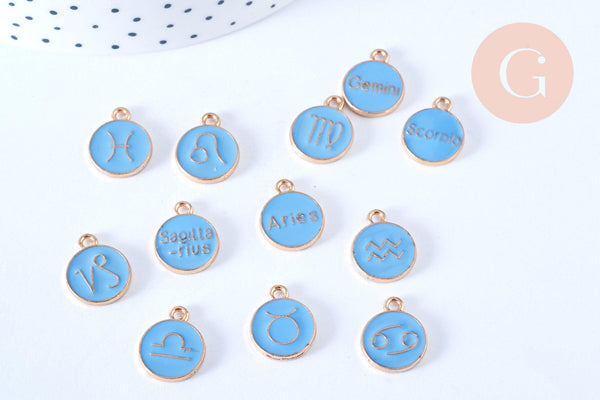 Pendentif rond constellation zamac doré zircon émail bleu clair 15mm, x1 (G6665)