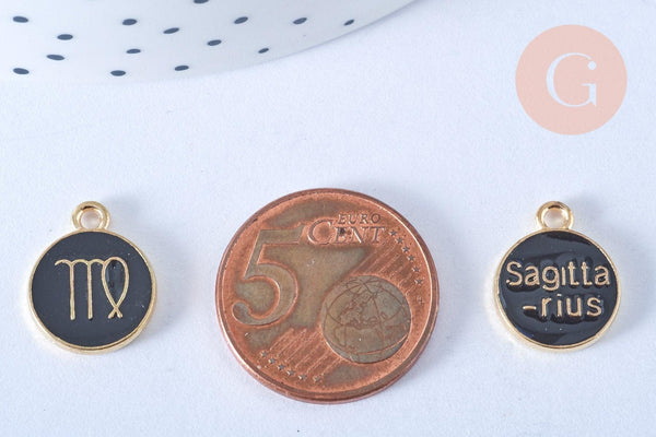 Pendentif rond constellation zamac doré zircon émail noir 15mm, x1 (G6667)