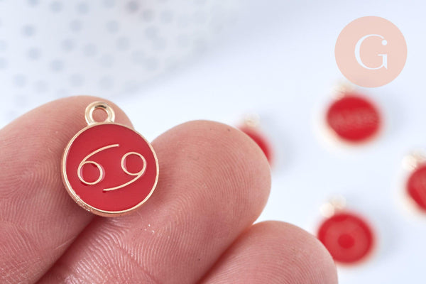 Pendentif rond constellation zamac doré zircon émail rouge 15mm, x1 (G6664)
