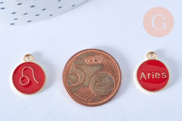 Pendentif rond constellation zamac doré zircon émail rouge 15mm, x1 (G6664)