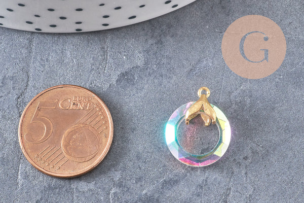 Pendentif rond cristal irisé laiton doré 17mm, x1 (G3516)