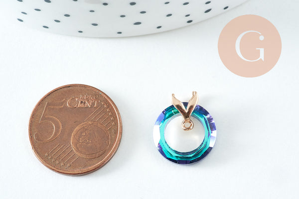 Pendentif rond cristal noir irisé laiton doré 17mm, x1 (G3884)