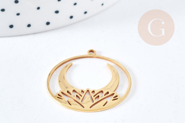 Pendentif rond croissant de lune nénuphar acier 201 doré inoxydable 32mm, x1 (G8814)