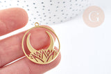 Pendentif rond croissant de lune nénuphar acier 201 doré inoxydable 32mm, x1 (G8814)