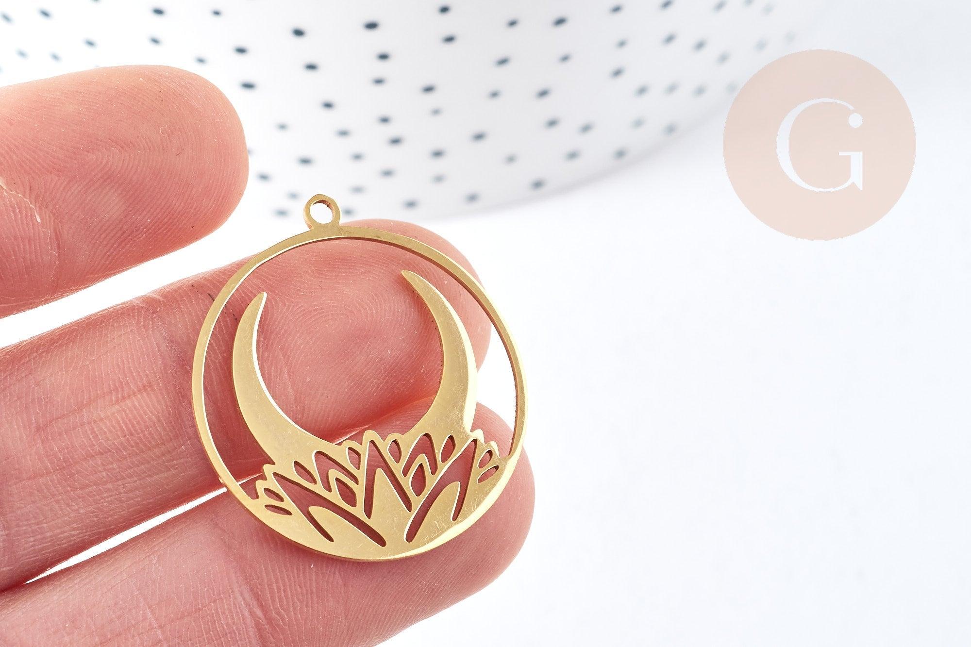 Pendentif rond croissant de lune nénuphar acier 201 doré inoxydable 32mm, x1 (G8814)