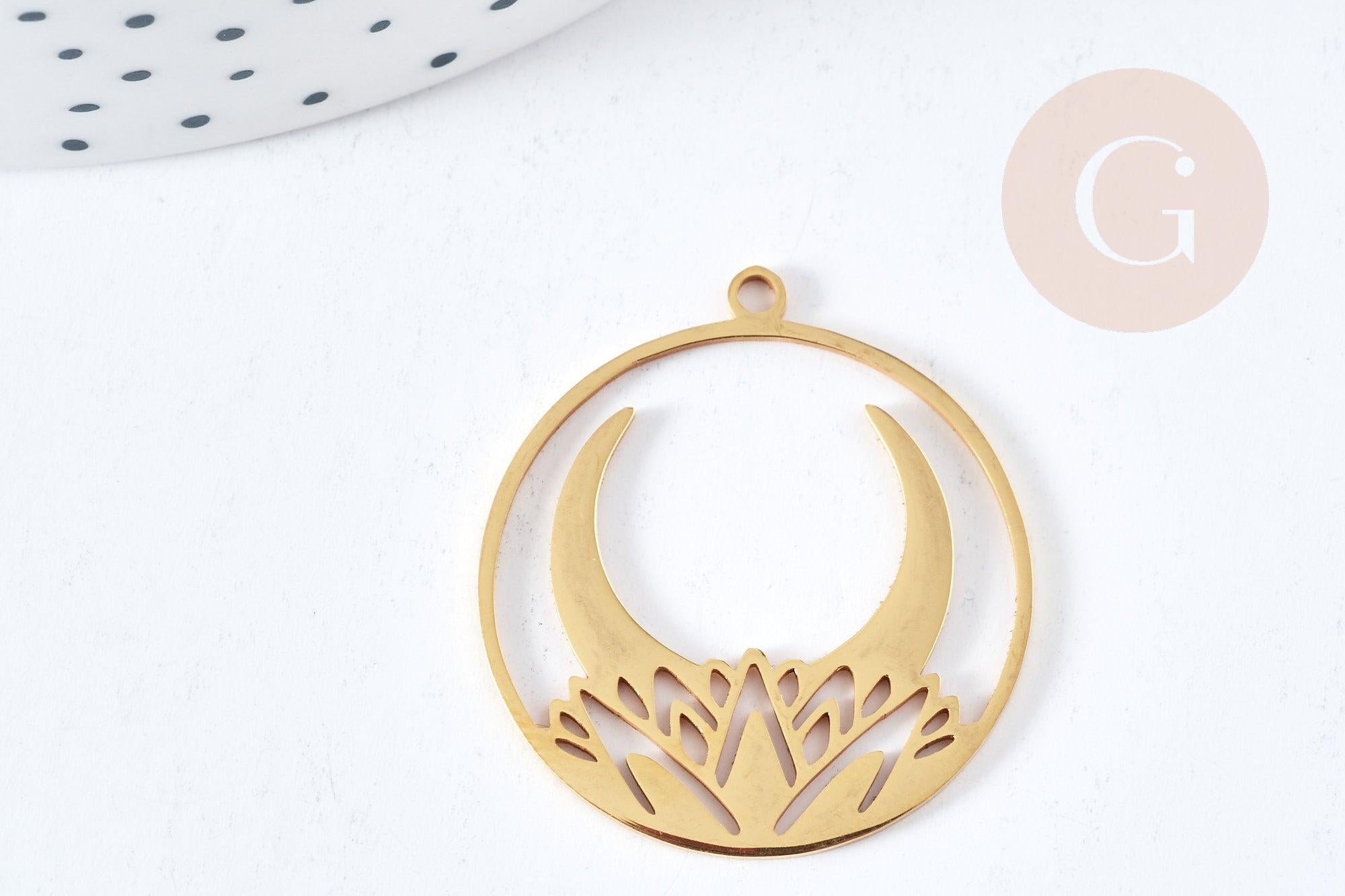 Pendentif rond croissant de lune nénuphar acier 201 doré inoxydable 32mm, x1 (G8814)