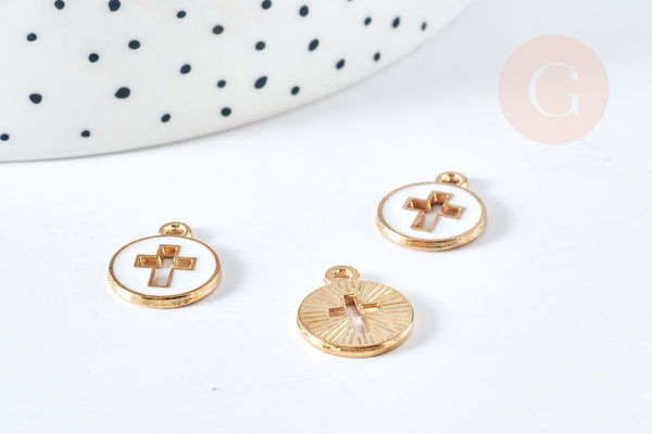 Pendentif rond croix zamac doré émail blanc 15mm, x5 (G8418)