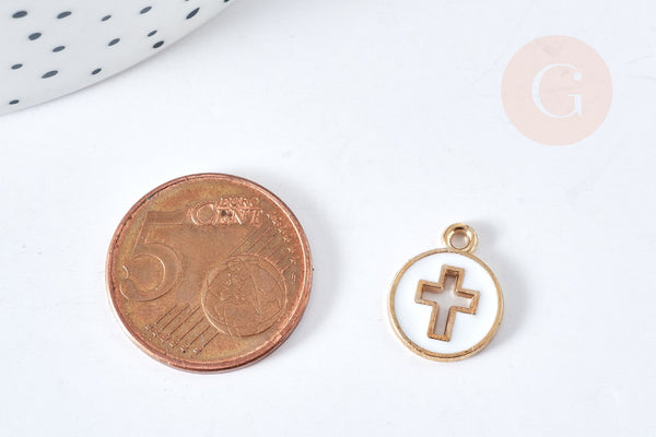Pendentif rond croix zamac doré émail blanc 15mm, x5 (G8418)
