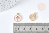 Pendentif rond croix zamac doré émail rose 15mm,pendentif doré pour création de bijoux, x5 (G8417)