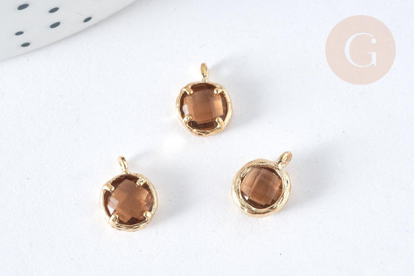 Pendentif rond doré 24 carats cristal jaune ambre 10mm,pendentif cristal, x1-G2017