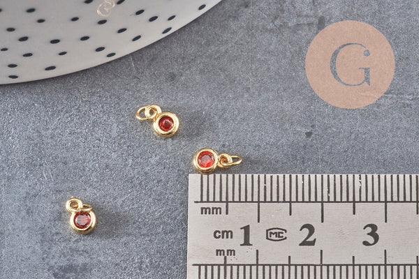 Pendentif rond doré 24 carats zircon rouge, pendentif doré cristal, création bijoux,6.5mm, x5 (G4676)