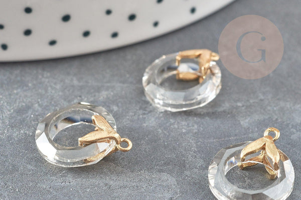 Pendentif rond doré cristal gris irisé, pendentif cristal coloré, 17mm, x1 (G3543)