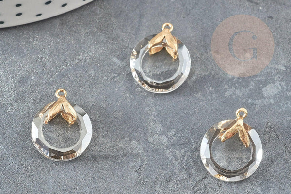 Pendentif rond doré cristal gris irisé, pendentif cristal coloré, 17mm, x1 (G3543)