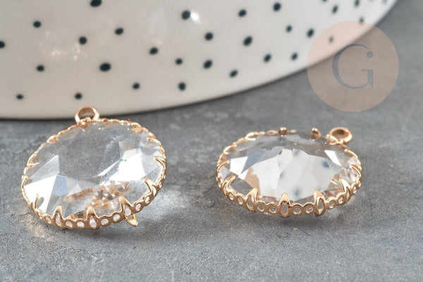 Pendentif rond doré cristal transparent à facettes 25mm, x2 (G2830)