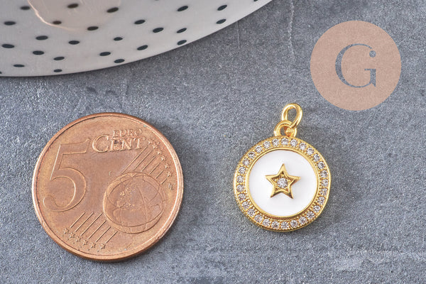 Pendentif rond doré étoile résine blanche, un Pendentif pour femme en métal doré pour la création de bijoux,16mm,x1 (G3158)