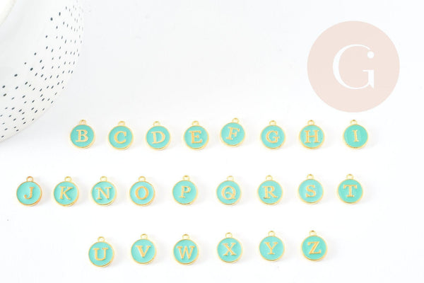 Pendentif rond doré initiale lettre émail bleu turquoise 14mm, x1 (G2935)
