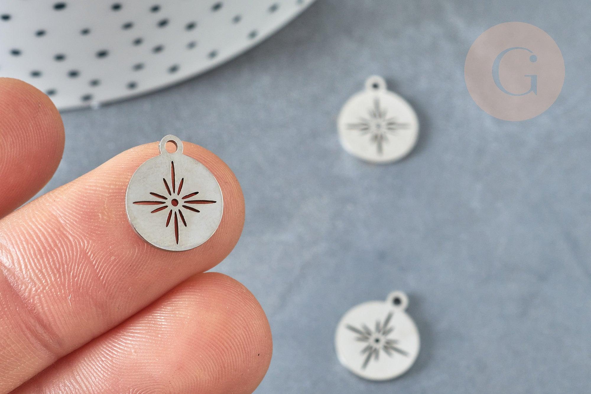 Pendentif rond étoile acier platine 304 inoxydable 14mm, création bijoux acier inoxydable x1 G8013