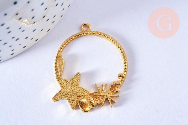 Pendentif rond étoile de mer coquillages zamac doré 42mm, pendentif étoile de mer pour création résine bijoux DIY, x1 G6875