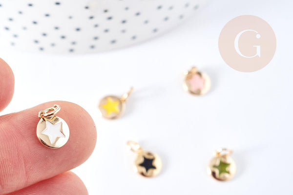 Pendentif rond étoile émail coloré laiton doré 18K 10mm,x1 (G8581)