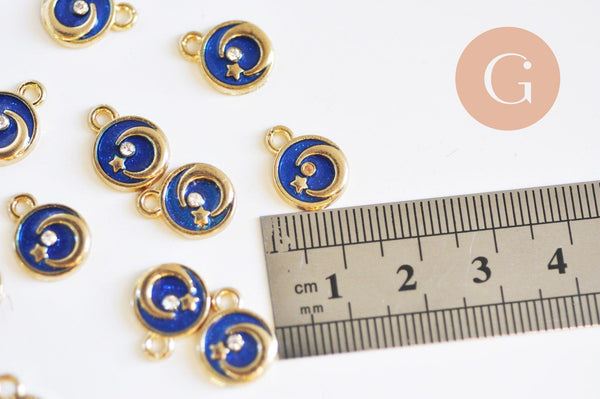 Pendentif rond étoiles de lune émaillé bleu zamac or zircon 13mm, x1 (G5917)