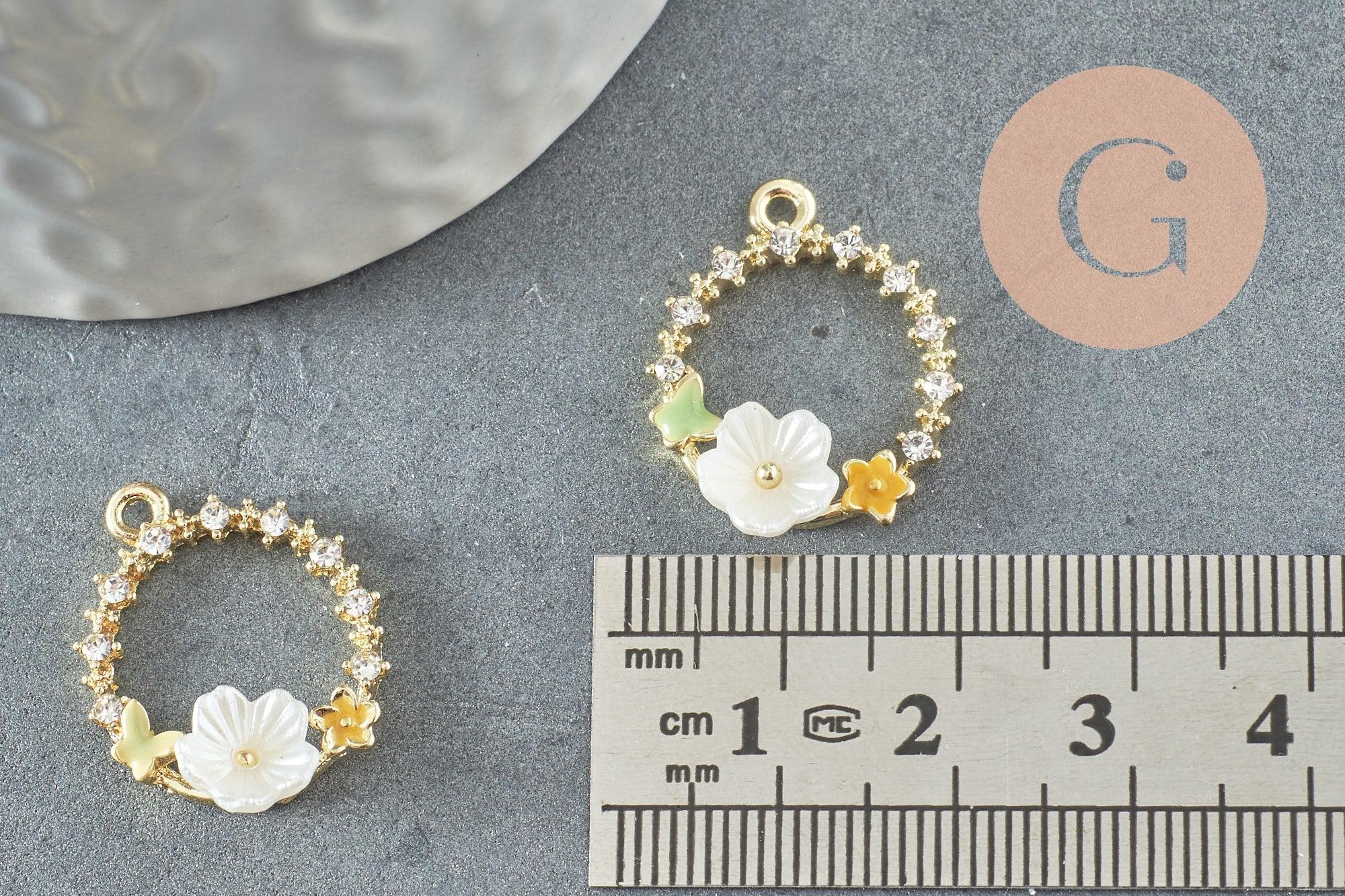 Pendentif rond fleurs zamac doré, un pendentif doré féminin et fleuri 22-23mm, x5 (G3265)