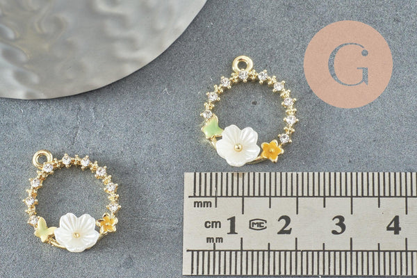 Pendentif rond fleurs zamac doré, un pendentif doré féminin et fleuri 22-23mm, x5 (G3265)