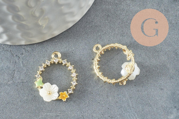 Pendentif rond fleurs zamac doré, un pendentif doré féminin et fleuri 22-23mm, x5 (G3265)