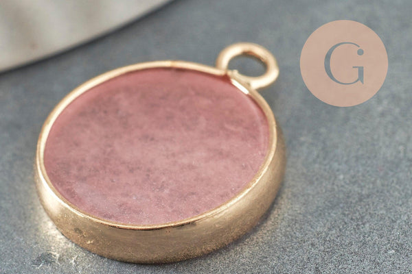 Pendentif rond jade rose naturel laiton doré 20.5mm, x1 (G4288)