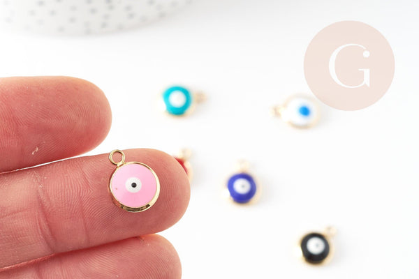 Pendentif rond laiton doré 18K émail oeil protecteur 13mm, x1 (G9329)