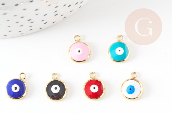 Pendentif rond laiton doré 18K émail oeil protecteur 13mm, x1 (G9329)