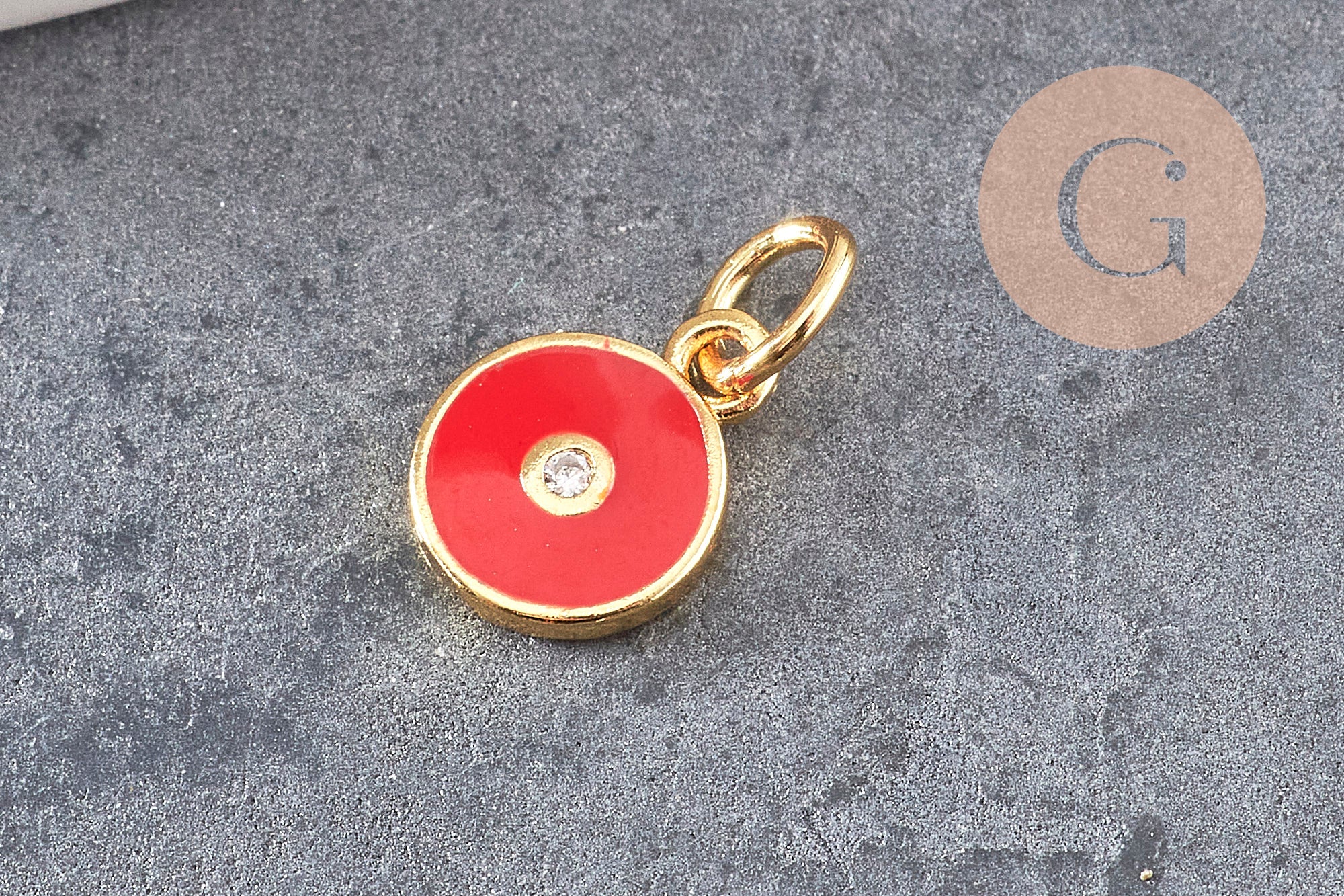 Pendentif rond laiton doré 18K émaillé et zircon 10mm, x1 (G3474)