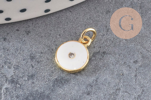 Pendentif rond laiton doré 18K émaillé et zircon 10mm, x1 (G3474)