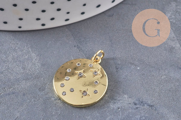 Pendentif rond laiton doré 18K et zircons 23mm, x1 (G10976)
