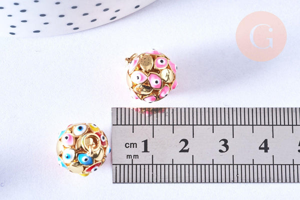 Pendentif rond laiton doré émaillé motif mauvais œil 15mm, créations de bijoux dorés, x1 G6887