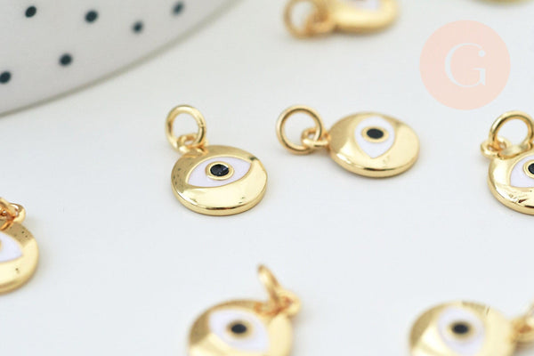 Pendentif rond laiton doré oeil protecteur émail blanc 12.5mm, Pendentif en métal doré pour la création de bijoux, x1 G5681
