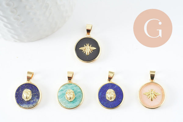 Pendentif rond lapis amazonite quartz rose, un pendentif pour la creation de bijoux pierre naturelle,21.5mm, x1 (G3159)