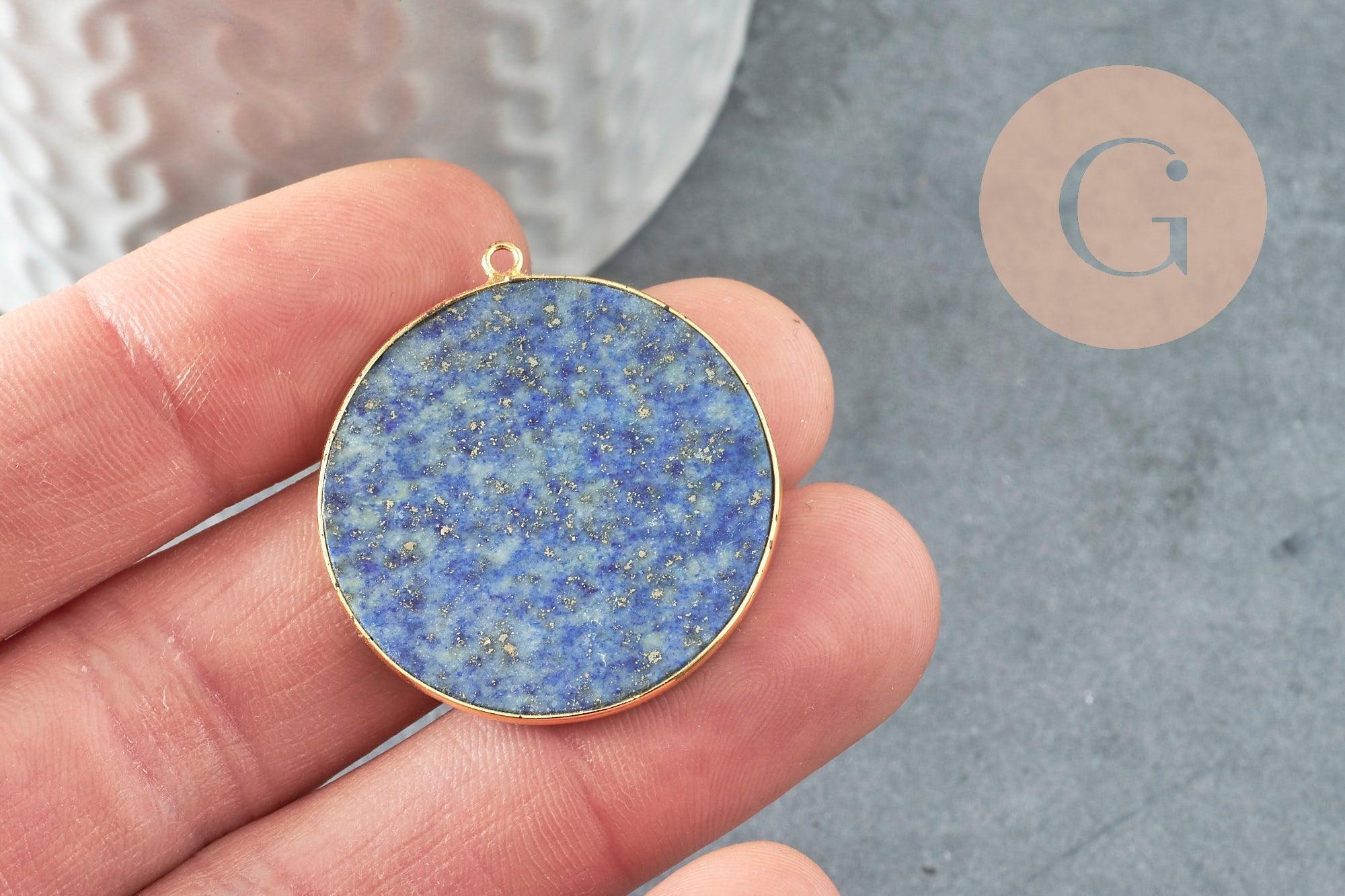 Pendentif rond lapis lazulis naturel laiton doré 32-34mm, x1 (G3642)