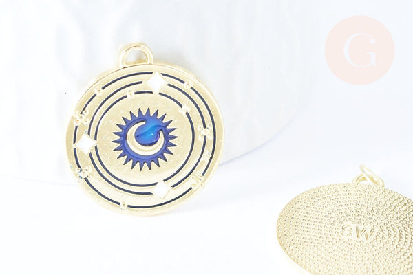 Pendentif rond lune bleu zamac doré 18k cristal zircon 27.5mm,sans nickel, pendentif chance, x1 G6683