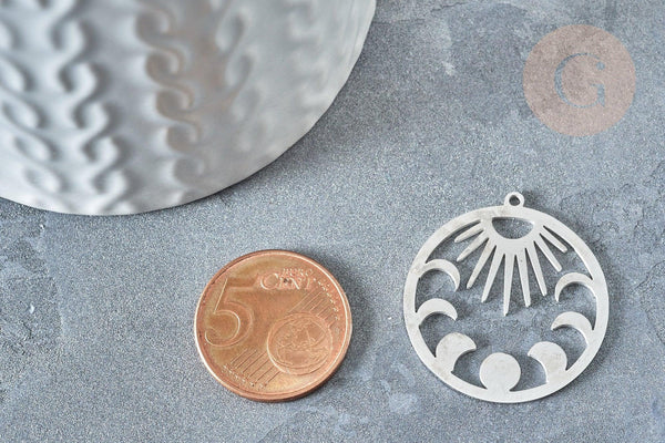 Pendentif rond lune et soleil argenté acier inoxydable 30mm x1 (G7609)