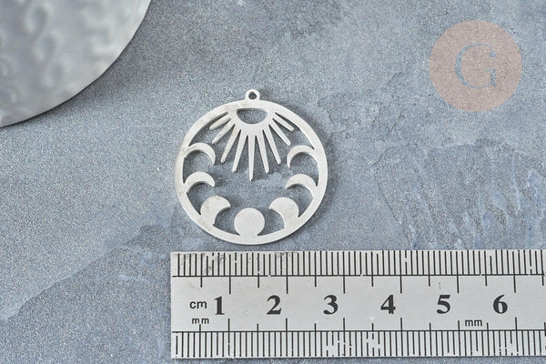 Pendentif rond lune et soleil argenté acier inoxydable 30mm x1 (G7609)