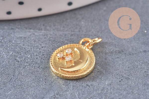 Pendentif rond lune étoiles laiton doré 16K étoile zircon 15.3mm, un pendentif doré avec cristaux pour création bijoux, x1 (G5998)