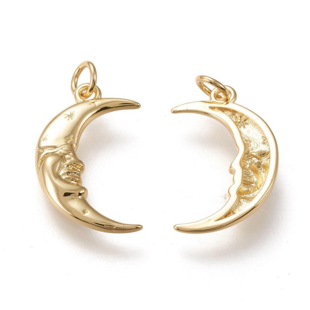 Pendentif rond lune étoiles laiton doré 16K étoile zircon 15.3mm, un pendentif doré avec cristaux pour création bijoux, x1 G6306
