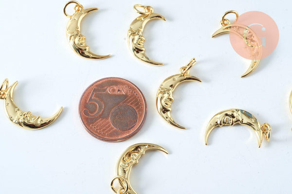 Pendentif rond lune étoiles laiton doré 16K étoile zircon 15.3mm, un pendentif doré avec cristaux pour création bijoux, x1 G6306