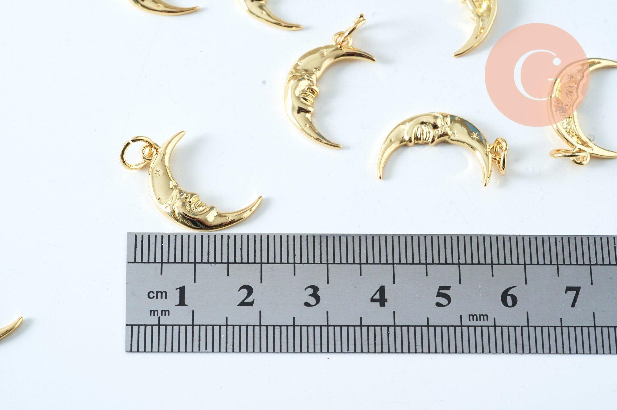 Pendentif rond lune étoiles laiton doré 16K étoile zircon 15.3mm, un pendentif doré avec cristaux pour création bijoux, x1 G6306